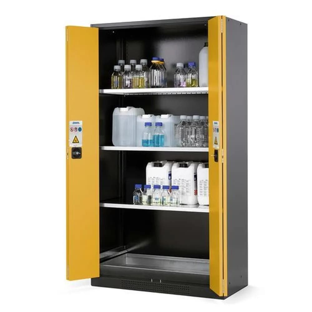 asecos® - asecos Chemikalienschrank Systema CS-103F, Korpus anthrazit, gelb, 3 Einlegeböden und Bodenwanne