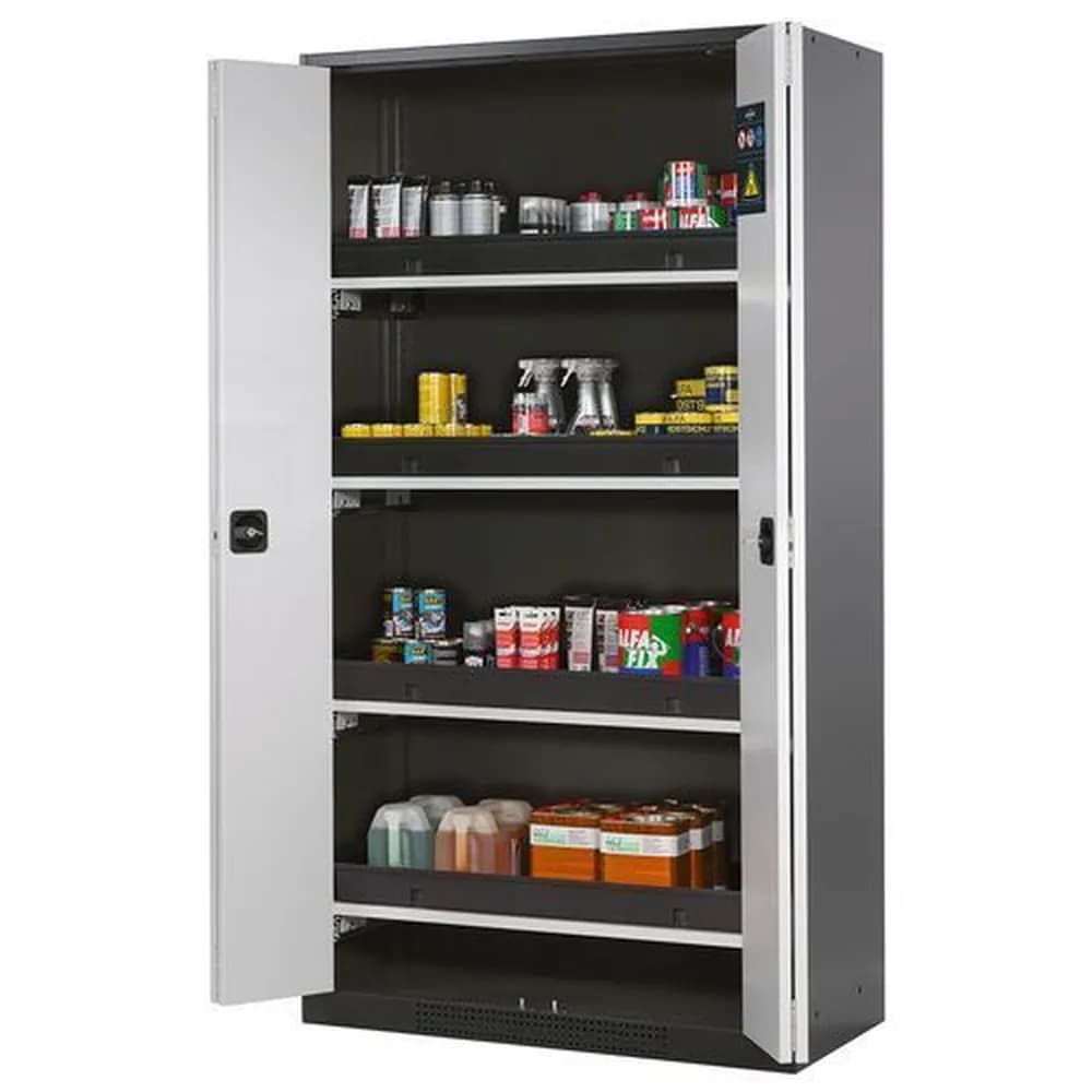 asecos® - asecos Chemikalienschrank Systema-T CS-104F, Korpus anthrazit, Falttüren grau, incl. 4 Tablarauszüge