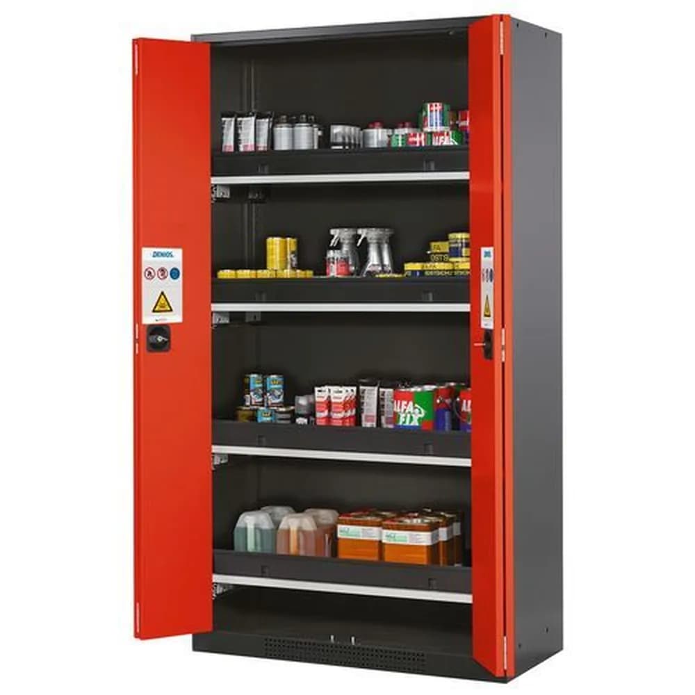 asecos® - asecos Chemikalienschrank Systema-T CS-104F, Korpus anthrazit, Falttüren rot, incl. 4 Tablarauszüge