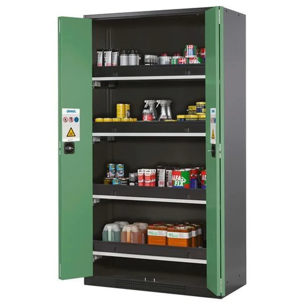 asecos® - asecos Chemikalienschrank Systema-T CS-104F, Korpus anthrazit, Falttüren grün, incl. 4 Tablarauszüge