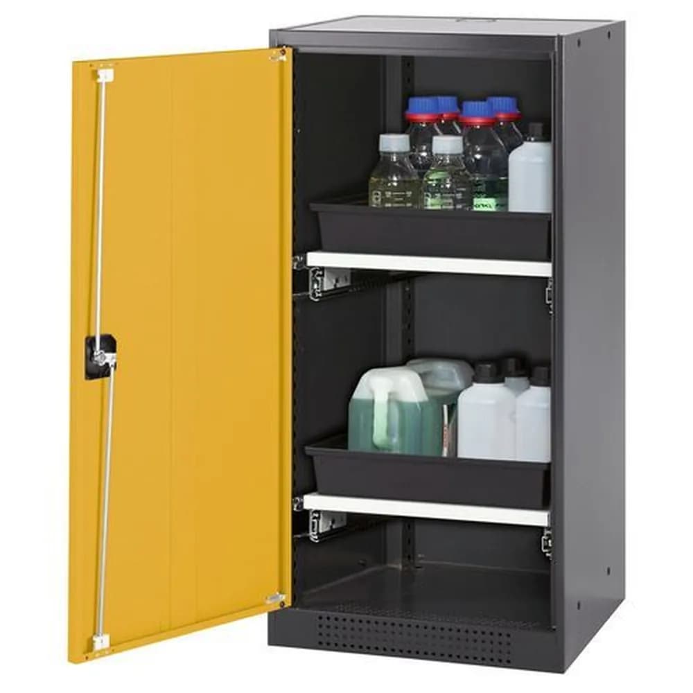 asecos® - asecos Chemikalienschrank Systema-T CS-52L, Korpus anthrazit, Flügeltüren gelb, 2 Tablarauszüge