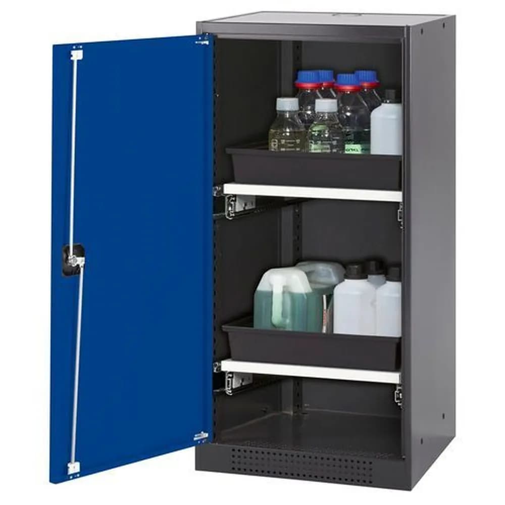 asecos® - asecos Chemikalienschrank Systema-T CS-52L, Korpus anthrazit, Flügeltüren blau, 2 Tablarauszüge