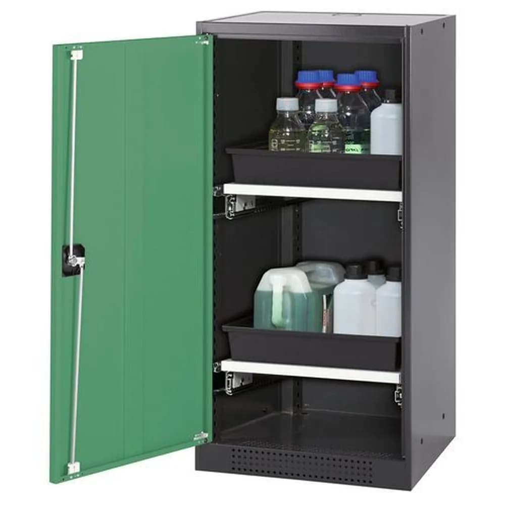 asecos® - asecos Chemikalienschrank Systema-T CS-52L, Korpus anthrazit, Flügeltüren grün, 2 Tablarauszüge