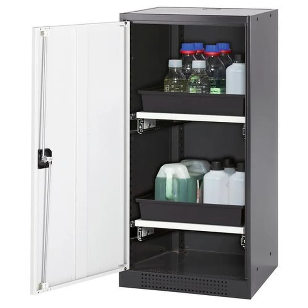 asecos® - asecos Chemikalienschrank Systema-T CS-52L, Korpus anthrazit, Flügeltüren weiß, 2 Tablarauszüge