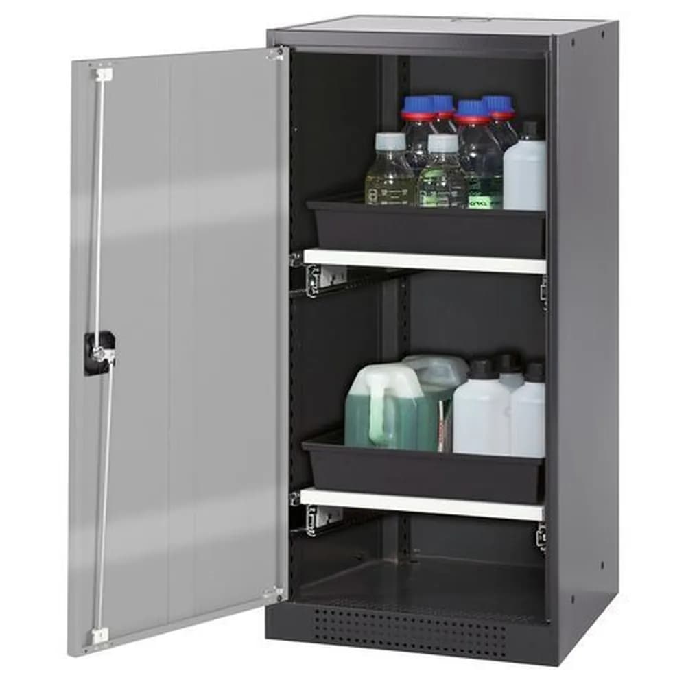 asecos® - asecos Chemikalienschrank Systema-T CS-52L, Korpus anthrazit, Flügeltüren silber, 2 Tablarauszüge