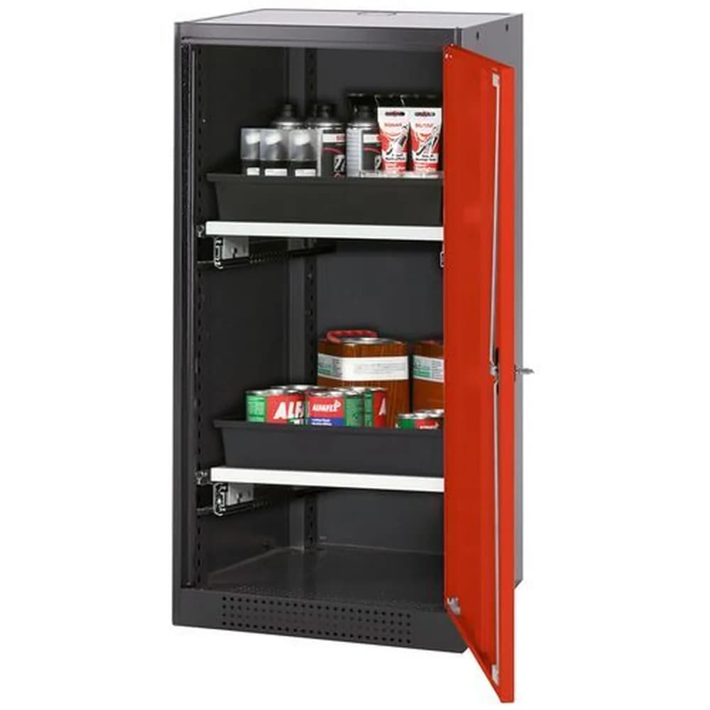 asecos® - asecos Chemikalienschrank Systema-T CS-52R, Korpus anthrazit, Flügeltüren rot, 2 Tablarauszüge