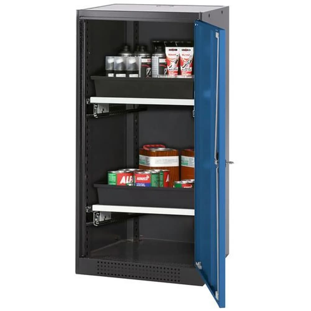 asecos® - asecos Chemikalienschrank Systema-T CS-52R, Korpus anthrazit, Flügeltüren blau, 2 Tablarauszüge