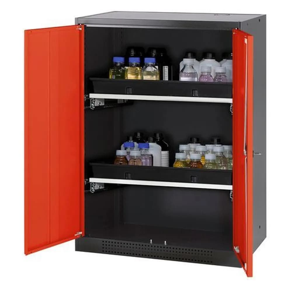 asecos® - asecos Chemikalienschrank Systema-T CS-82, Korpus anthrazit, Flügeltüren rot, 2 Tablarauszüge