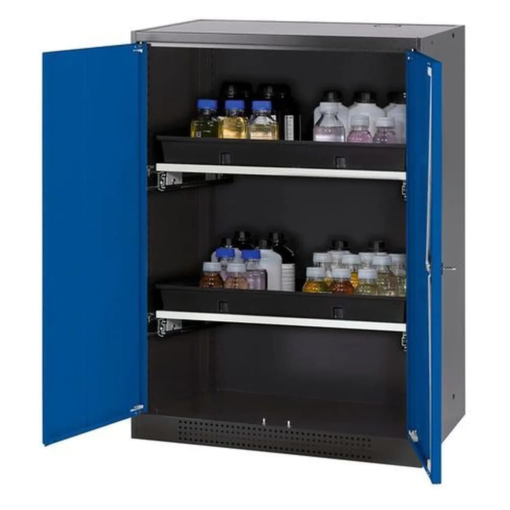 asecos® - asecos Chemikalienschrank Systema-T CS-82, Korpus anthrazit, Flügeltüren blau, 2 Tablarauszüge