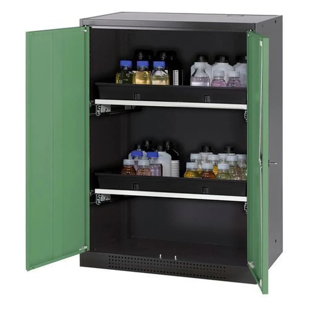 asecos® - asecos Chemikalienschrank Systema-T CS-82, Korpus anthrazit, Flügeltüren grün, 2 Tablarauszüge