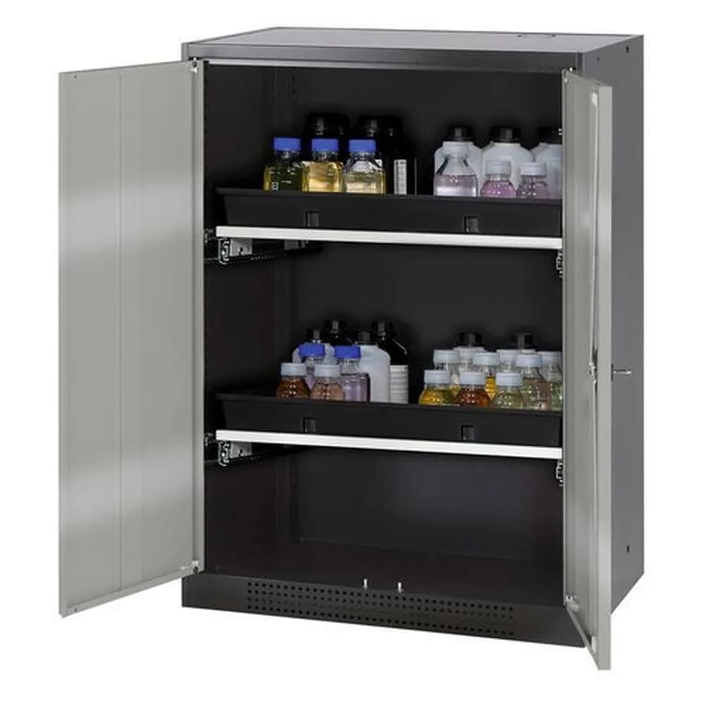 asecos® - asecos Chemikalienschrank Systema-T CS-82, Korpus anthrazit, Flügeltüren silber, 2 Tablarauszüge