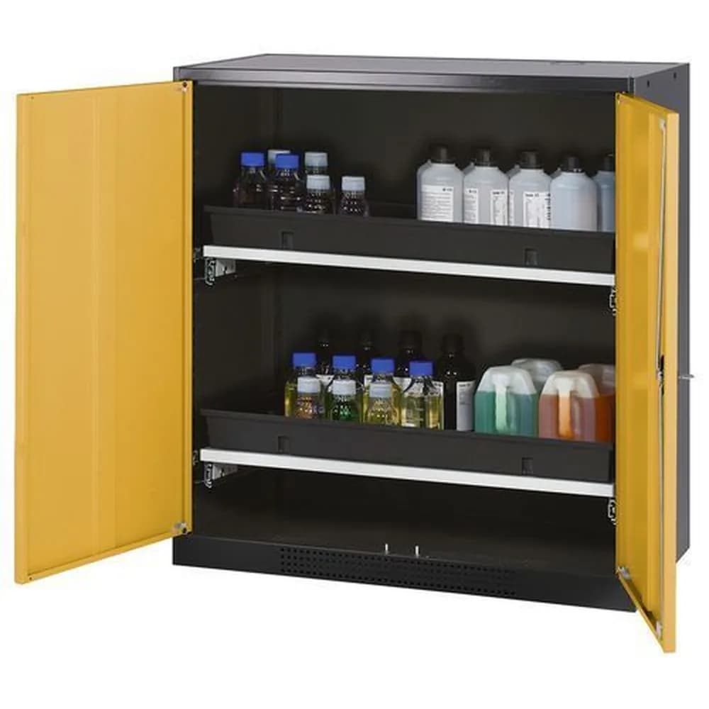 asecos® - asecos Chemikalienschrank Systema-T CS-102, Korpus anthrazit, Flügeltüren gelb, 2 Tablarauszüge