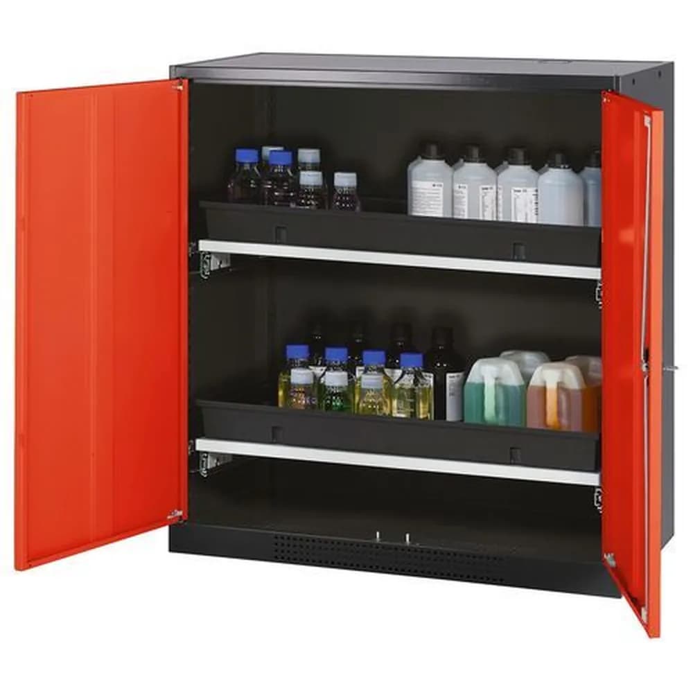 asecos® - asecos Chemikalienschrank Systema-T CS-102, Korpus anthrazit, Flügeltüren rot, 2 Tablarauszüge
