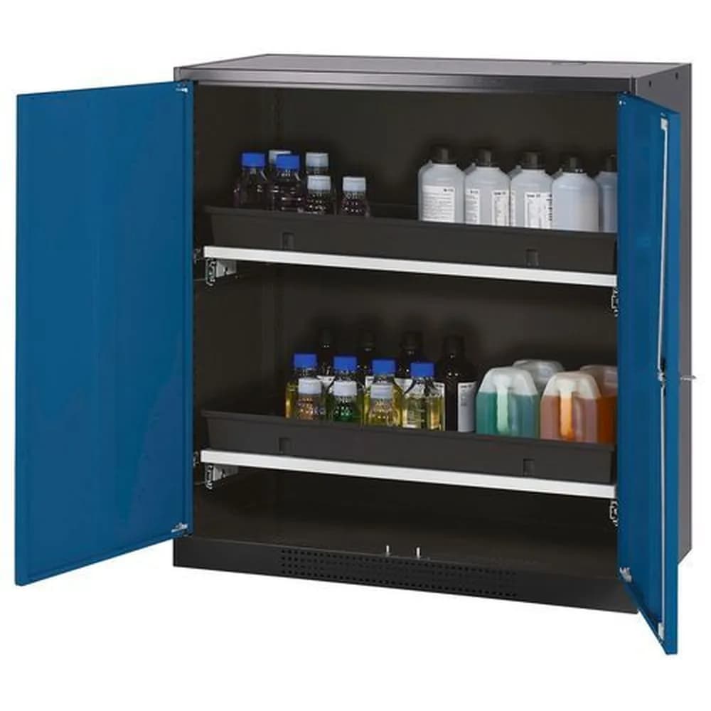 asecos® - asecos Chemikalienschrank Systema-T CS-102, Korpus anthrazit, Flügeltüren blau, 2 Tablarauszüge