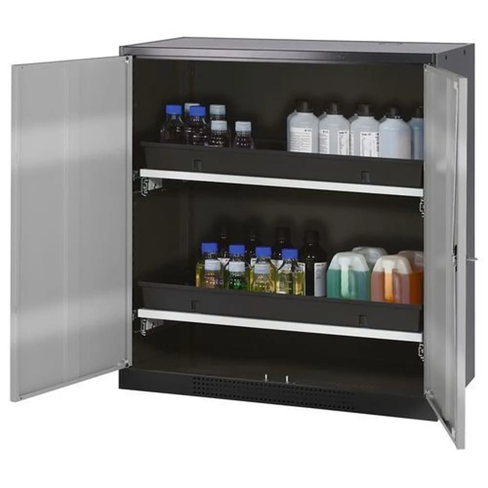 asecos® - asecos Chemikalienschrank Systema-T CS-102, Korpus anthrazit, Flügeltüren silber, 2 Tablarauszüge
