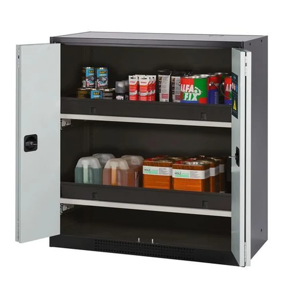 asecos® - asecos Chemikalienschrank Systema-T CS-102F, Korpus anthrazit, Falttüren grau, 2 Tablarauszüge