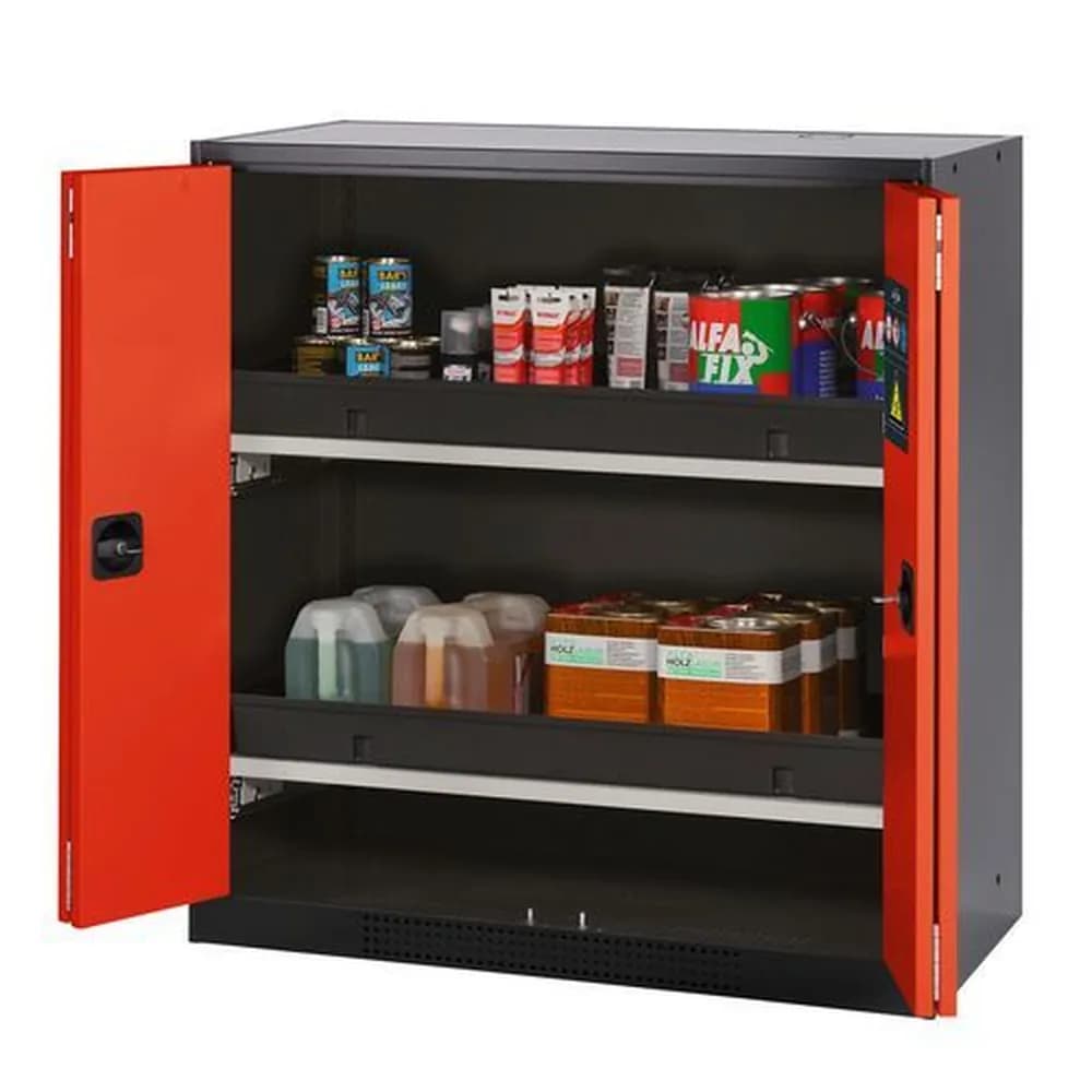 asecos® - asecos Chemikalienschrank Systema-T CS-102F, Korpus anthrazit, Falttüren rot, 2 Tablarauszüge