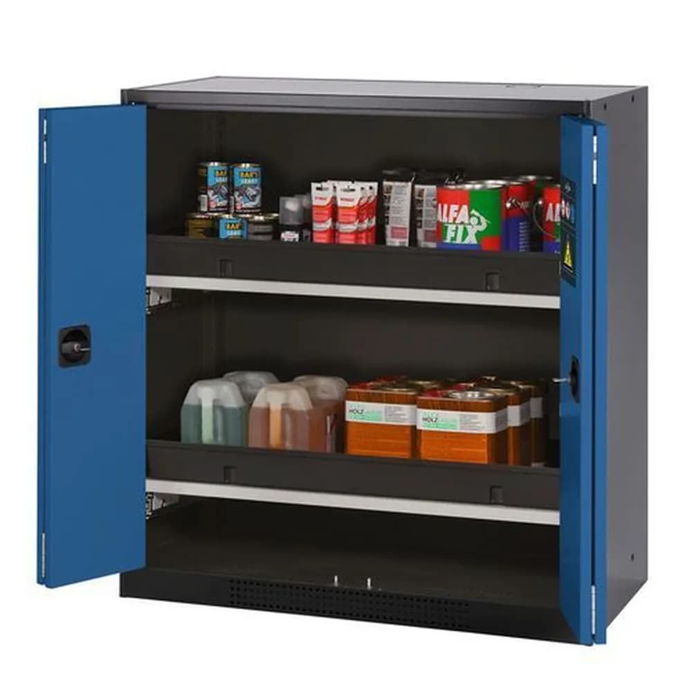 asecos® - asecos Chemikalienschrank Systema-T CS-102F, Korpus anthrazit, Falttüren blau, 2 Tablarauszüge