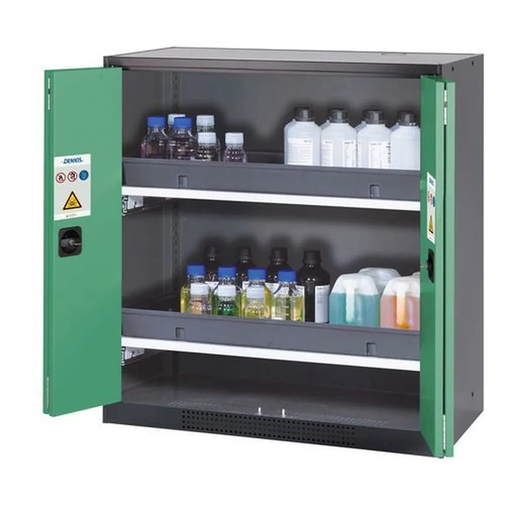 asecos® - asecos Chemikalienschrank Systema-T CS-102F, Korpus anthrazit, Falttüren grün, 2 Tablarauszüge