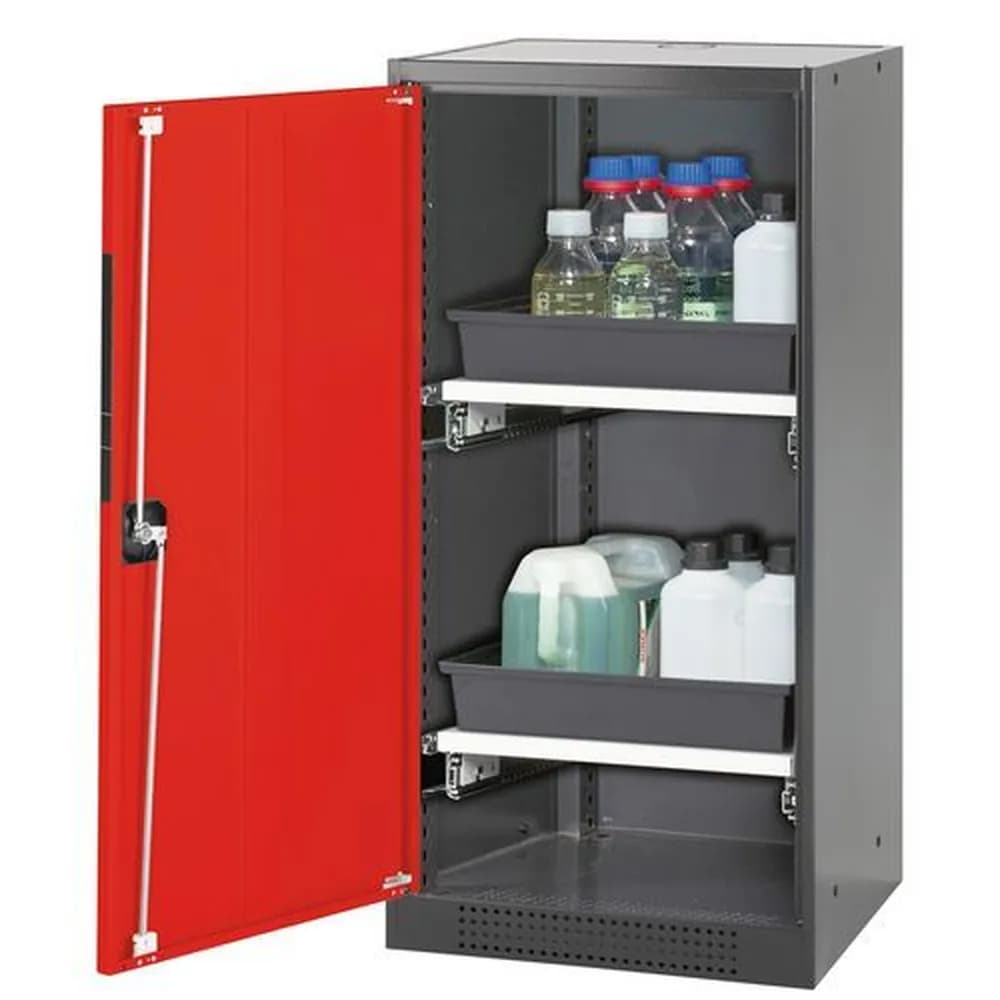 asecos® - asecos Chemikalienschrank Systema-T CS-52L, Korpus anthrazit, Flügeltüren rot, 2 Tablarauszüge