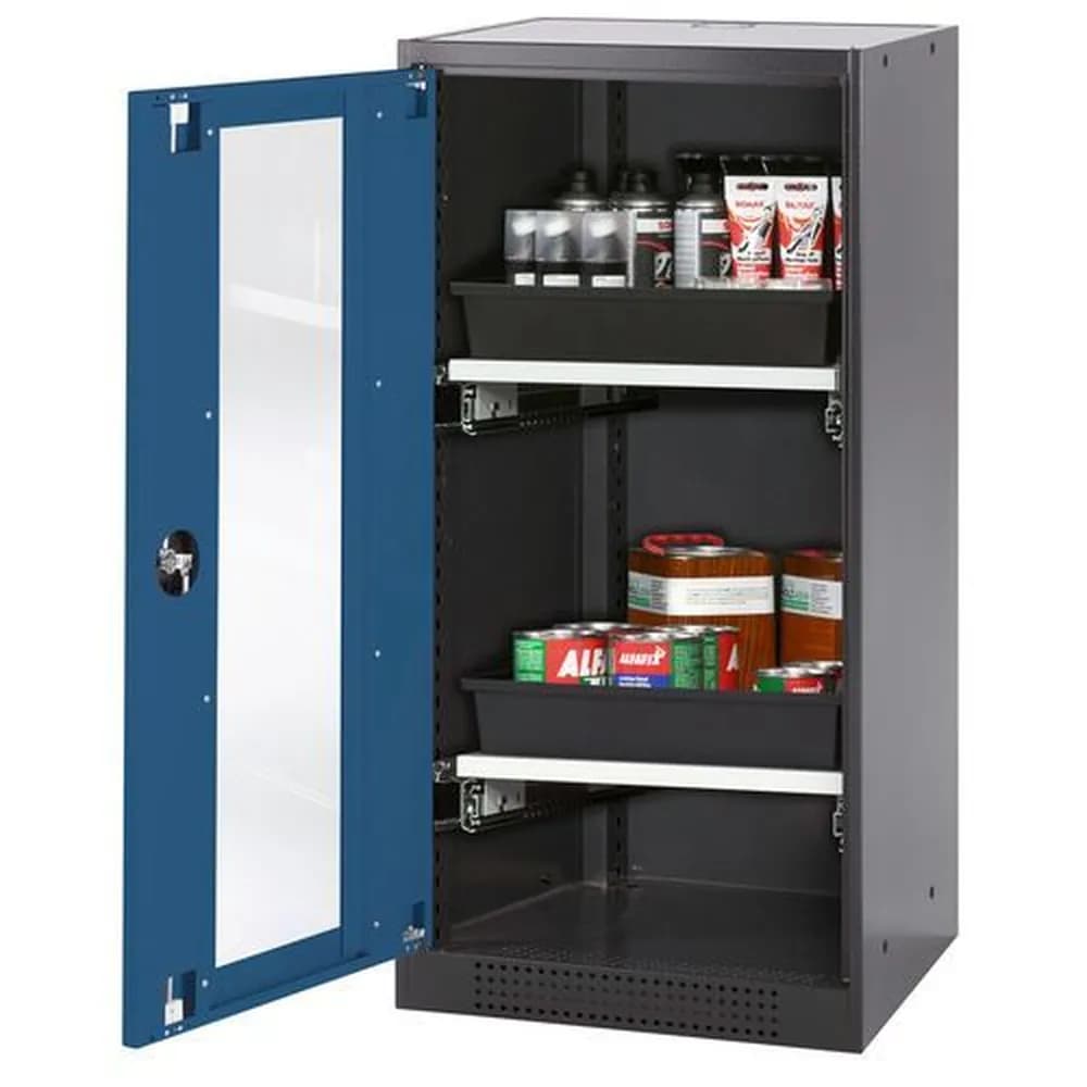 asecos® - asecos Chemikalienschrank Systema-T CS-52LG, Korpus anthrazit, Flügeltüren blau, 2 Tablarauszüge
