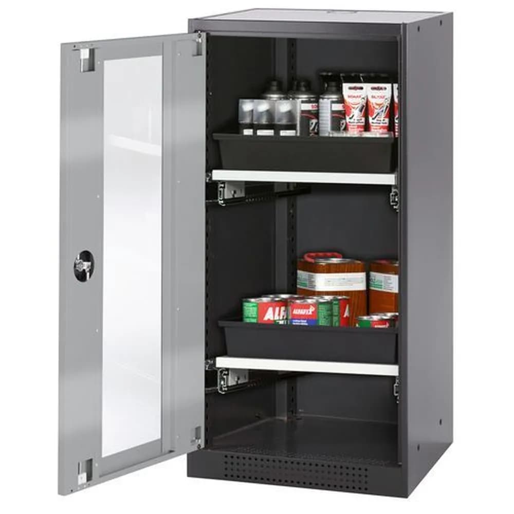 asecos® - asecos Chemikalienschrank Systema-T CS-52LG, Korpus anthrazit, Flügeltüren silber, 2 Tablarauszüge