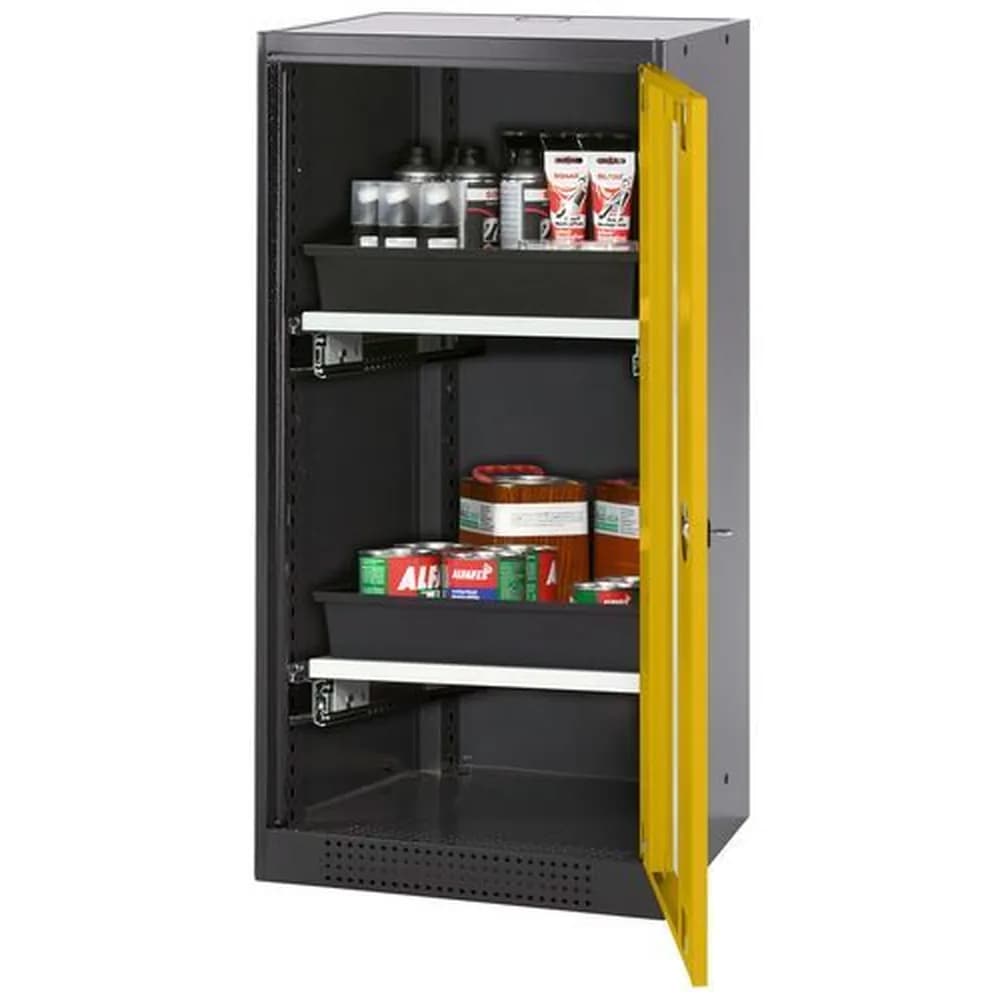 asecos® - asecos Chemikalienschrank Systema-T CS-52RG, Korpus anthrazit, Flügeltüren gelb, 2 Tablarauszüge