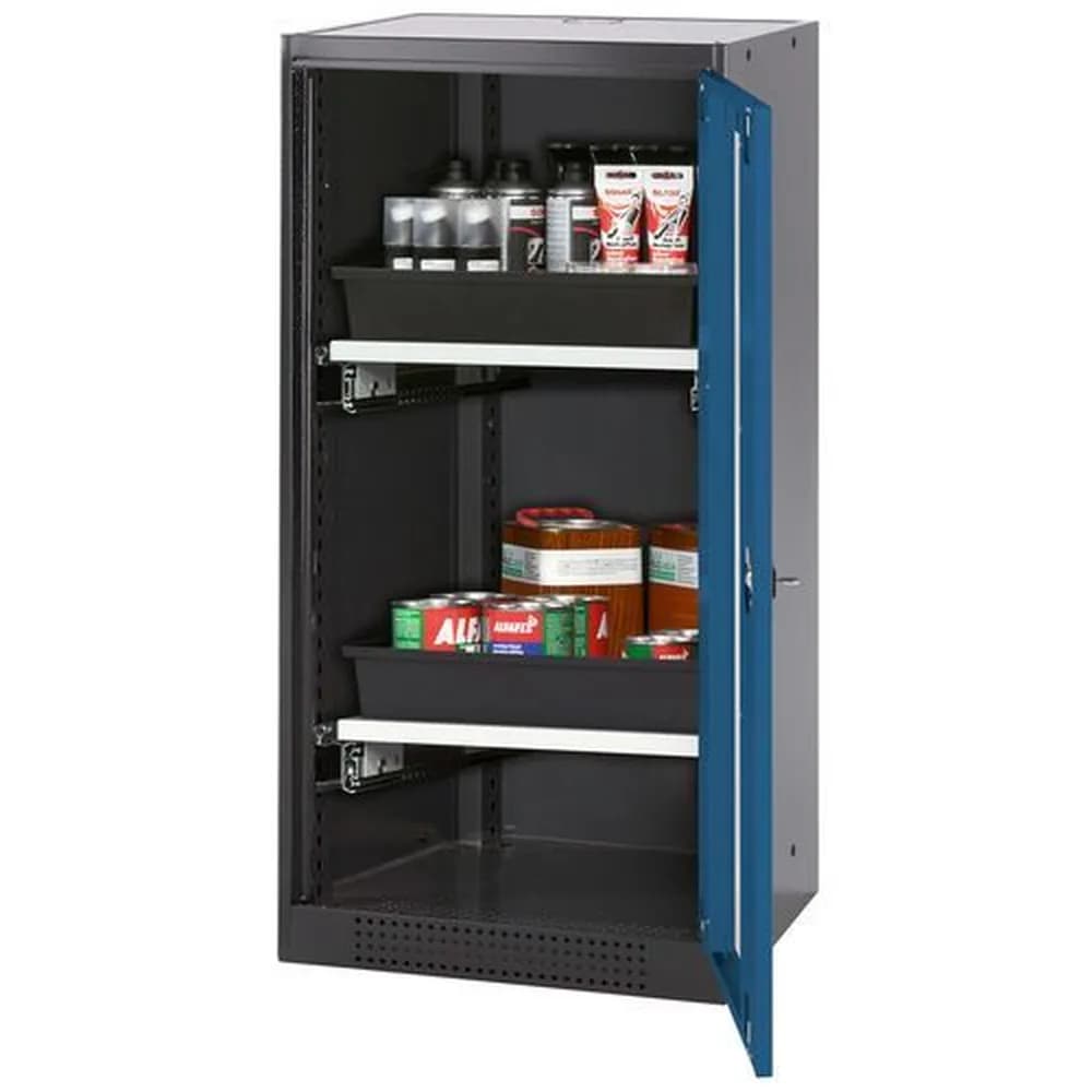asecos® - asecos Chemikalienschrank Systema-T CS-52RG, Korpus anthrazit, Flügeltüren blau, 2 Tablarauszüge