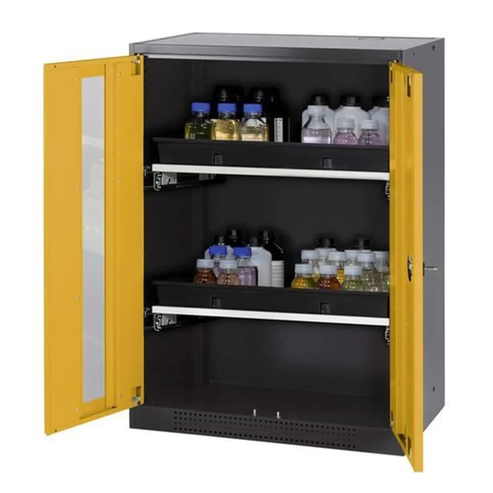 asecos® - asecos Chemikalienschrank Systema-T CS-82G, Korpus anthrazit, Flügeltüren gelb, 2 Tablarauszüge