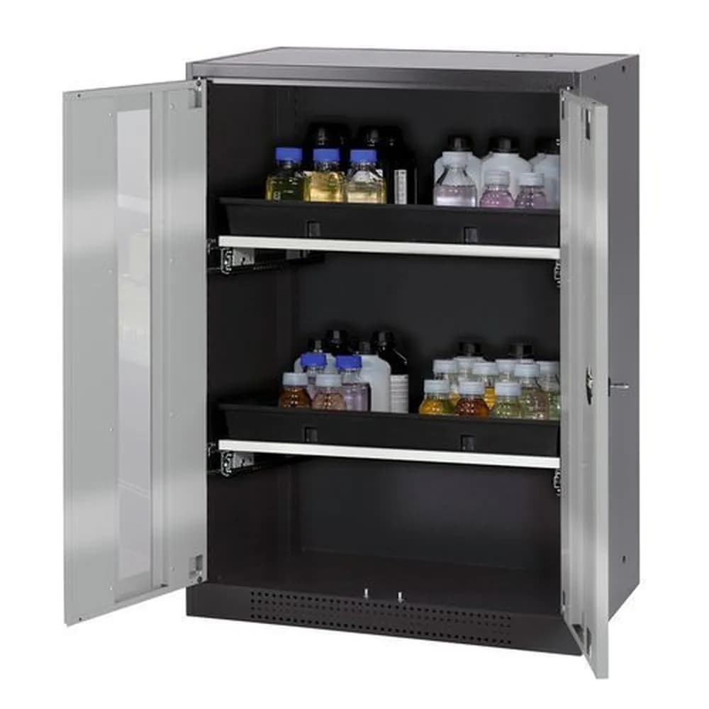 asecos® - asecos Chemikalienschrank Systema-T CS-82G, Korpus anthrazit, Flügeltüren silber, 2 Tablarauszüge