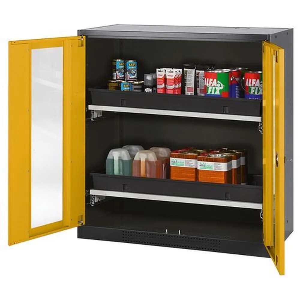 asecos® - asecos Chemikalienschrank Systema-T CS-102G, Korpus anthrazit, Flügeltüren gelb, 2 Tablarauszüge
