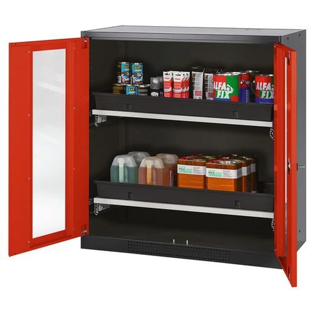 asecos® - asecos Chemikalienschrank Systema-T CS-102G, Korpus anthrazit, Flügeltüren rot, 2 Tablarauszüge