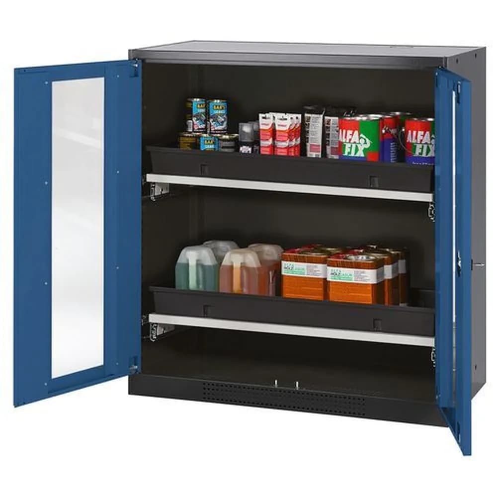 asecos® - asecos Chemikalienschrank Systema-T CS-102G, Korpus anthrazit, Flügeltüren blau, 2 Tablarauszüge
