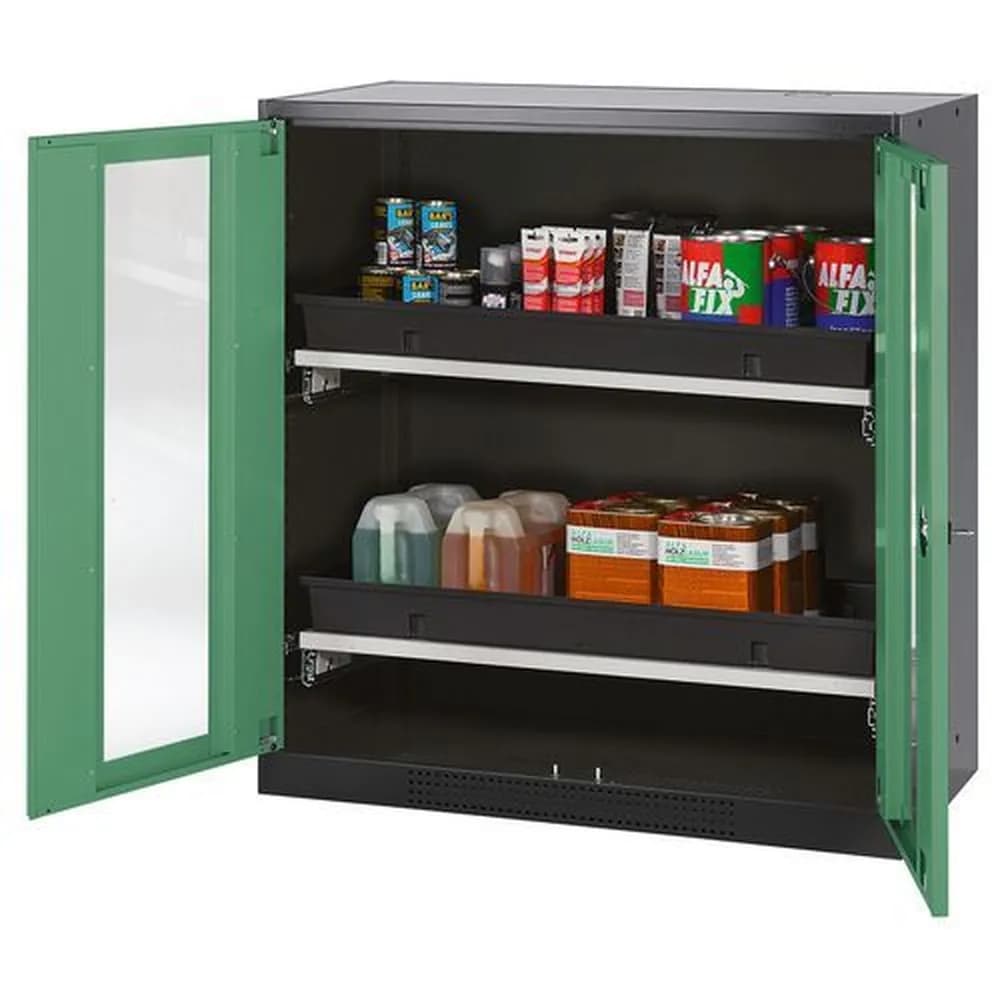 asecos® - asecos Chemikalienschrank Systema-T CS-102G, Korpus anthrazit, Flügeltüren grün, 2 Tablarauszüge