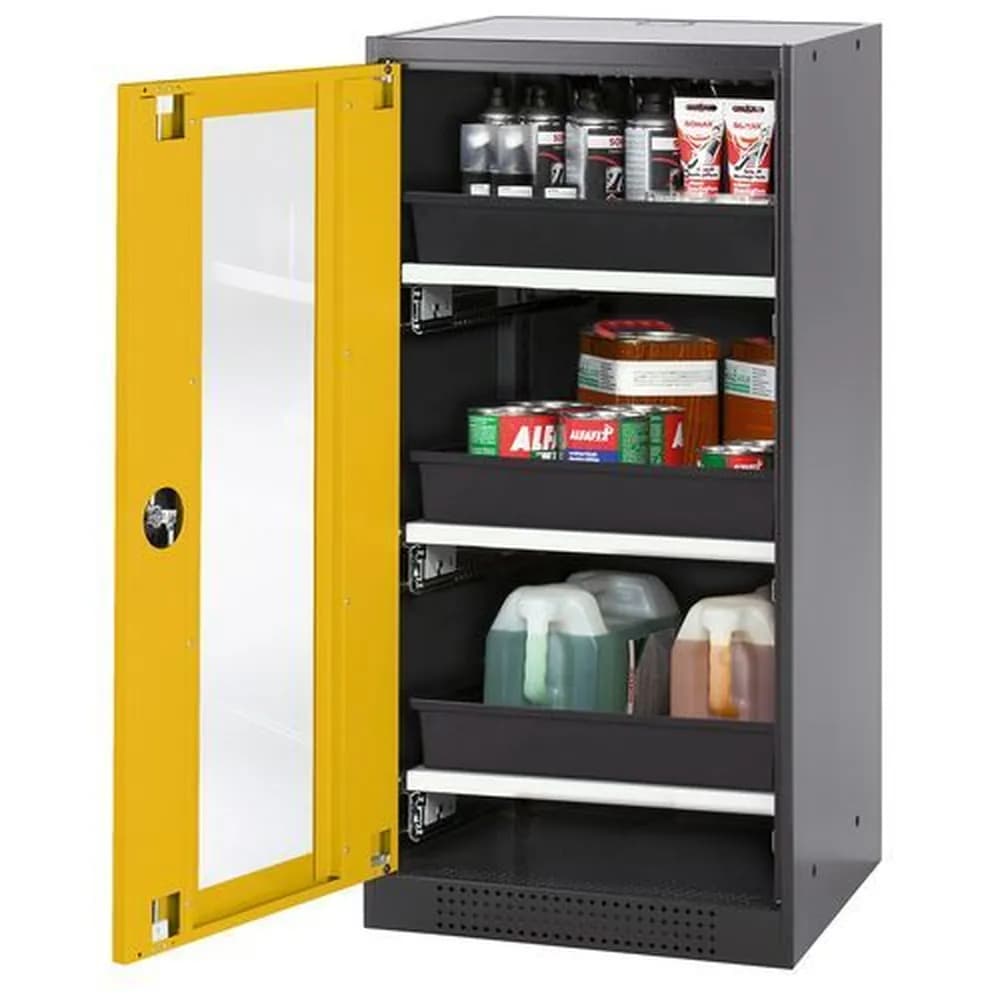 asecos® - asecos Chemikalienschrank Systema-T CS-53LG, Korpus anthrazit, Flügeltüren gelb, 3 Tablarauszüge