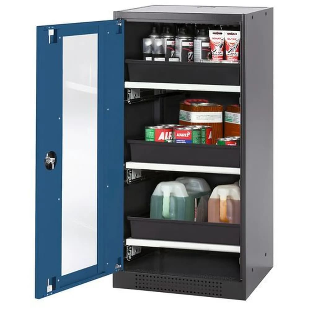 asecos® - asecos Chemikalienschrank Systema-T CS-53LG, Korpus anthrazit, Flügeltüren blau, 3 Tablarauszüge