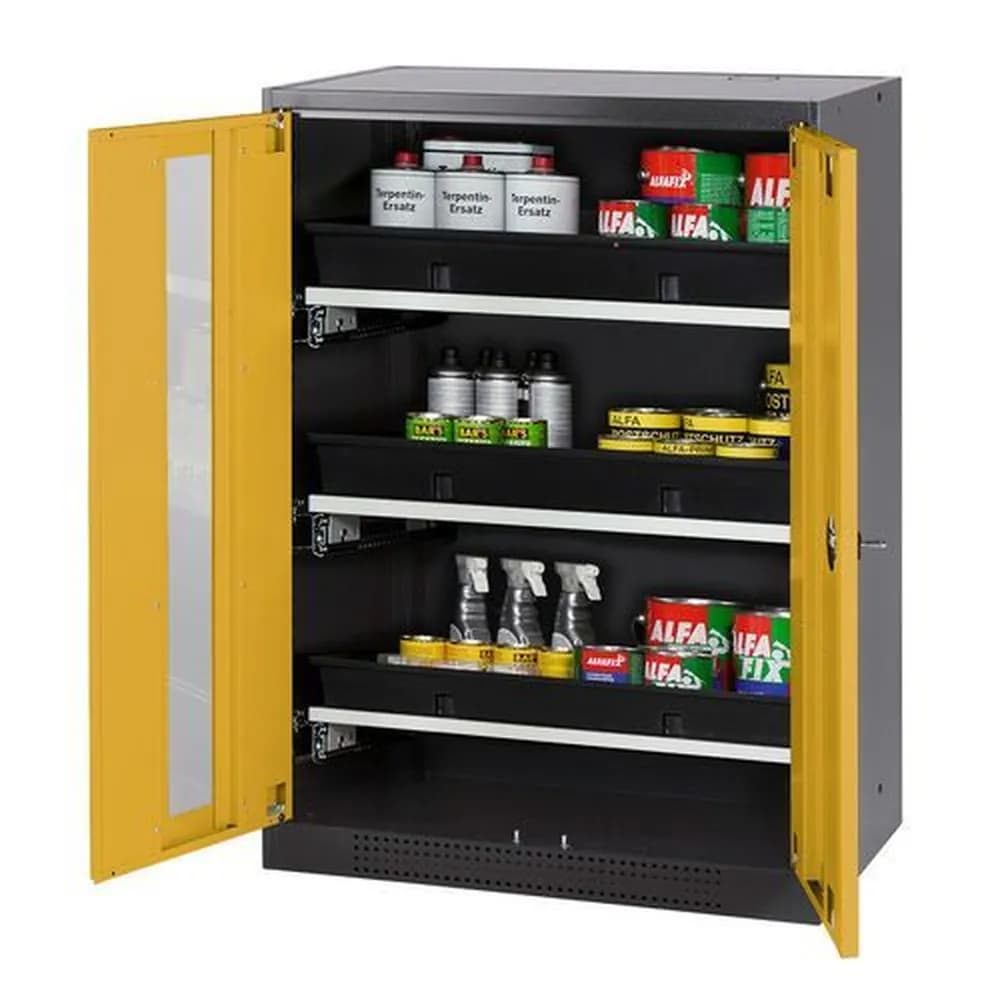 asecos® - asecos Chemikalienschrank Systema-T CS-83G, Korpus anthrazit, Flügeltüren gelb, 3 Tablarauszüge