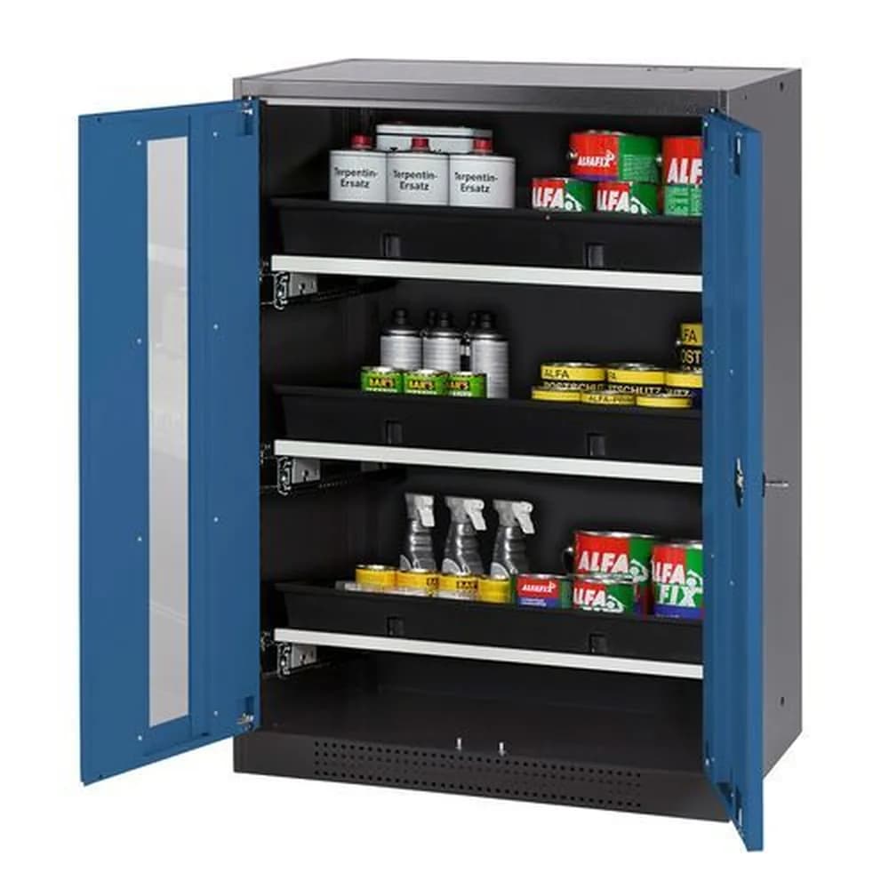 asecos® - asecos Chemikalienschrank Systema-T CS-83G, Korpus anthrazit, Flügeltüren blau, 3 Tablarauszüge