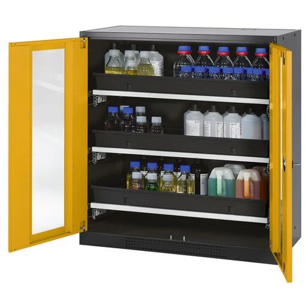 asecos® - asecos Chemikalienschrank Systema-T CS-103G, Korpus anthrazit, Flügeltüren gelb, 3 Tablarauszüge