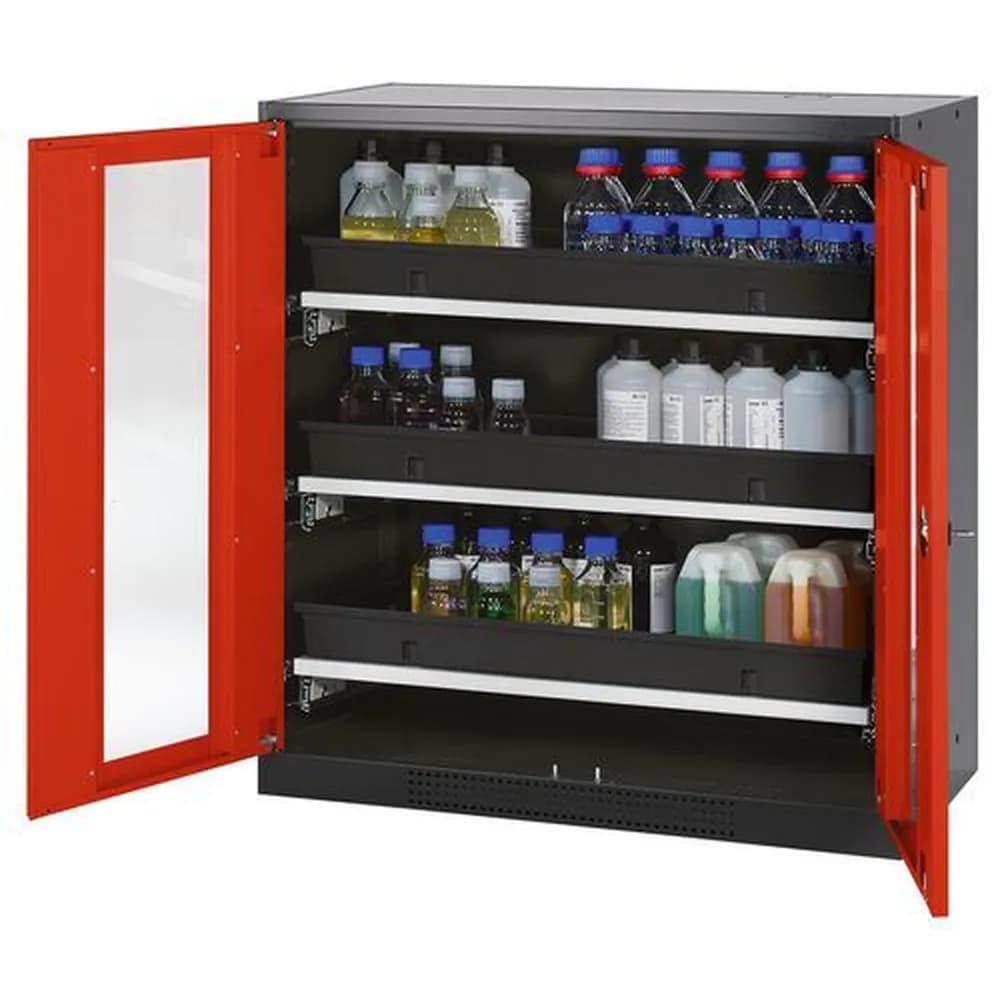 asecos® - asecos Chemikalienschrank Systema-T CS-103G, Korpus anthrazit, Flügeltüren rot, 3 Tablarauszüge