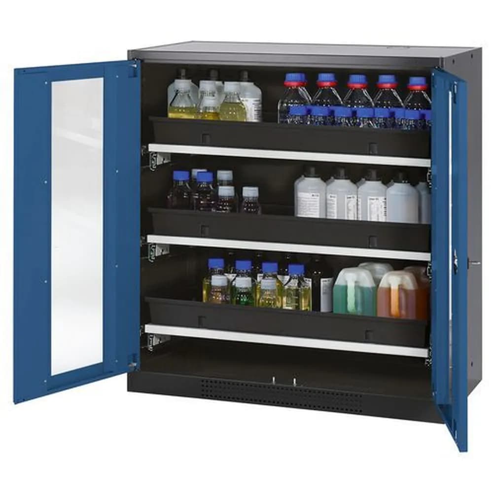 asecos® - asecos Chemikalienschrank Systema-T CS-103G, Korpus anthrazit, Flügeltüren blau, 3 Tablarauszüge