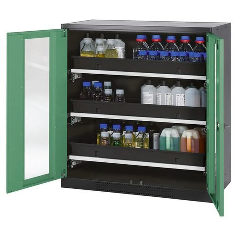 asecos® - asecos Chemikalienschrank Systema-T CS-103G, Korpus anthrazit, Flügeltüren grün, 3 Tablarauszüge