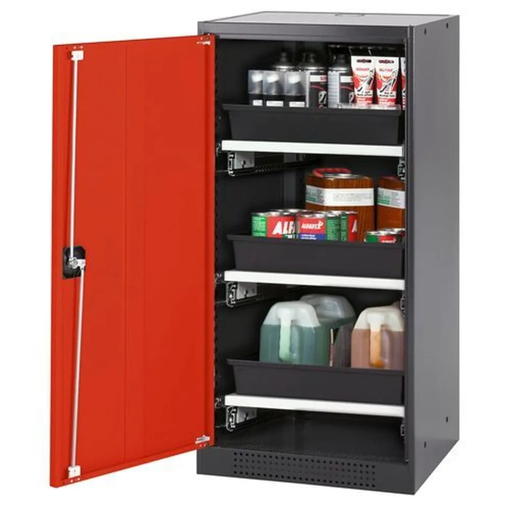 asecos® - asecos Chemikalienschrank Systema-T CS-53L, Korpus anthrazit, Flügeltüren rot, 3 Tablarauszüge