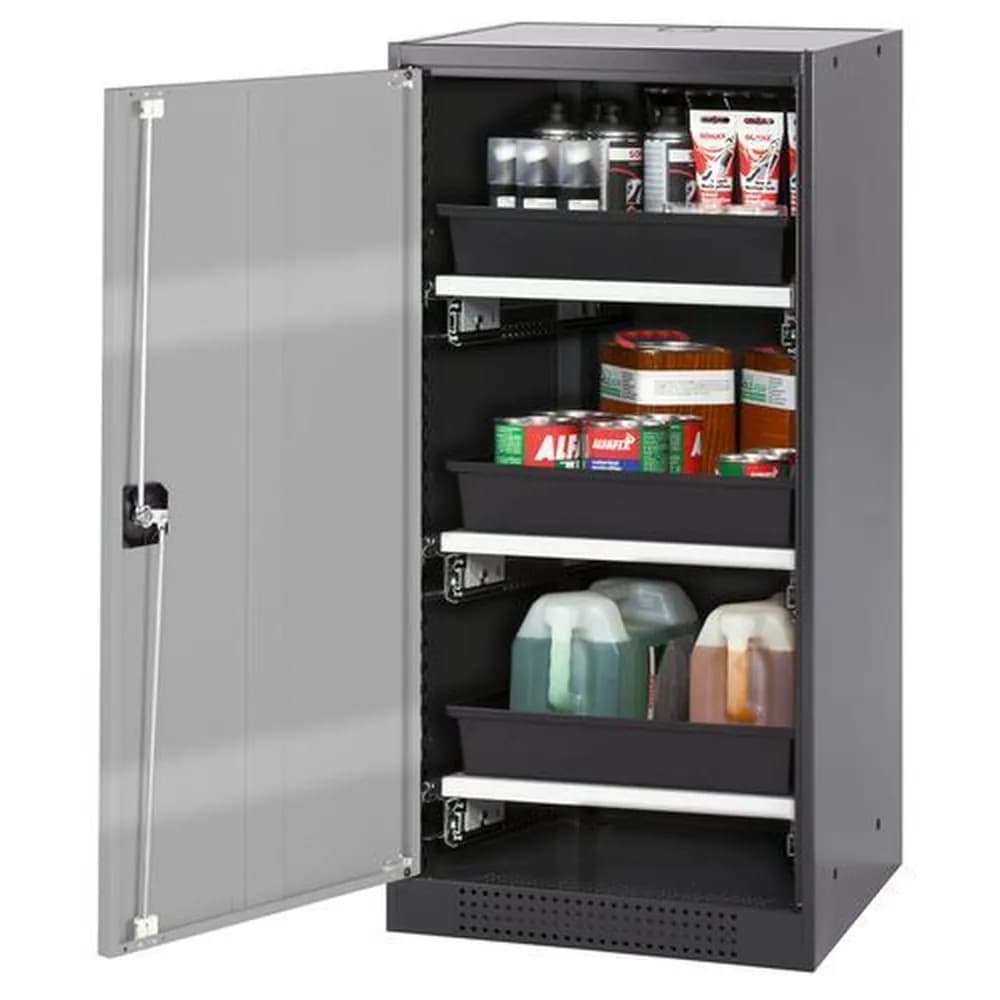 asecos® - asecos Chemikalienschrank Systema-T CS-53L, Korpus anthrazit, Flügeltüren silber, 3 Tablarauszüge