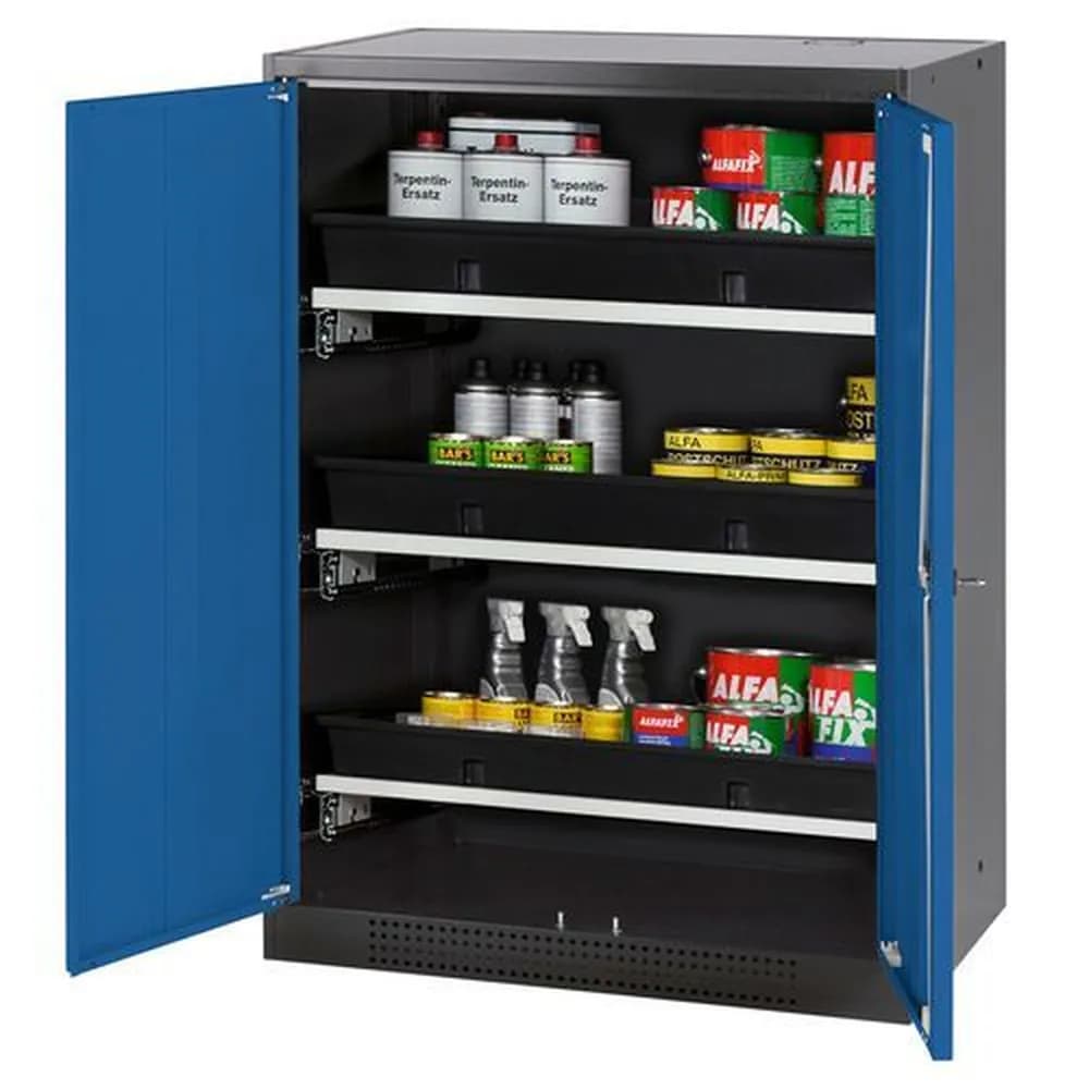asecos® - asecos Chemikalienschrank Systema-T CS-83, Korpus anthrazit, Flügeltüren blau, 3 Tablarauszüge