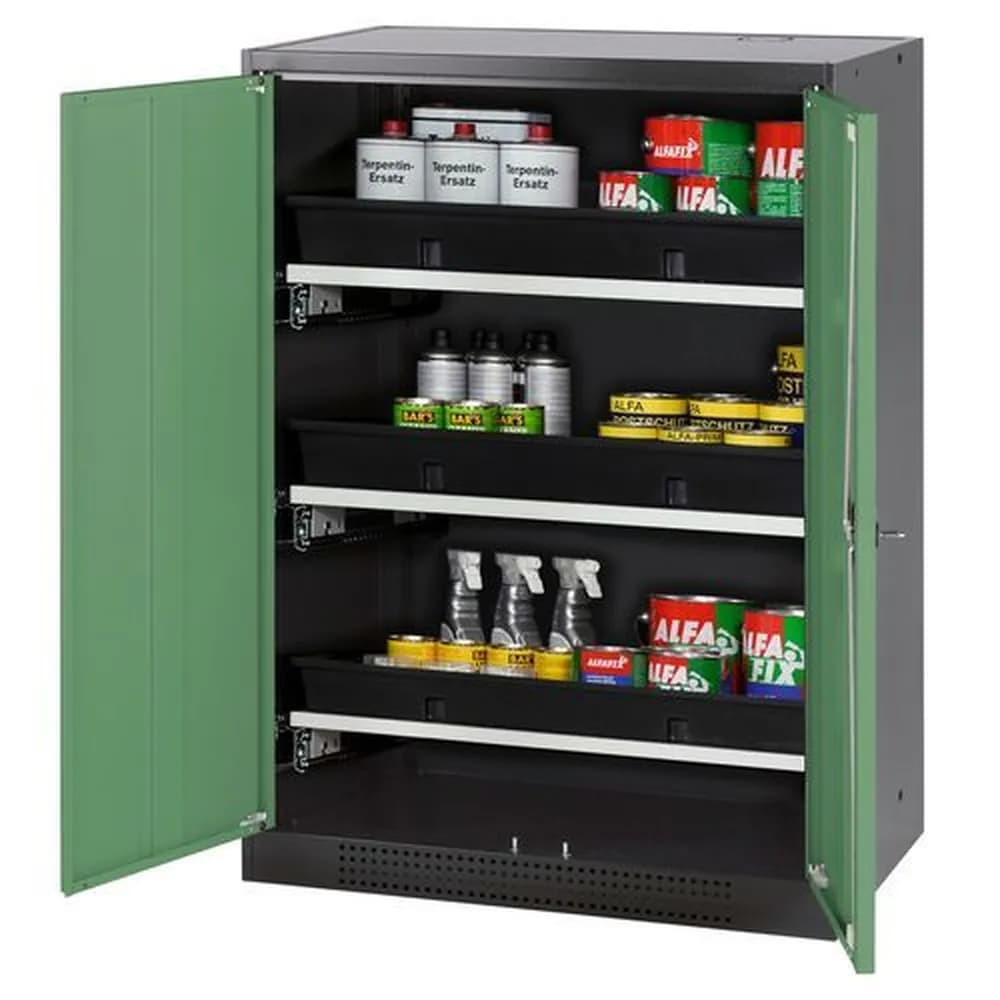 asecos® - asecos Chemikalienschrank Systema-T CS-83, Korpus anthrazit, Flügeltüren grün, 3 Tablarauszüge