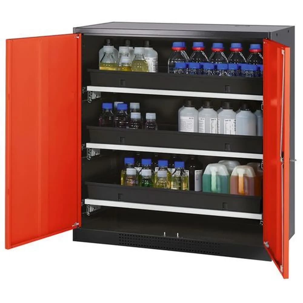 asecos® - asecos Chemikalienschrank Systema-T CS-103, Korpus anthrazit, Flügeltüren rot, 3 Tablarauszüge