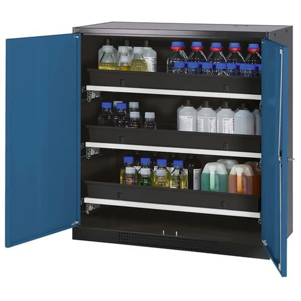 asecos® - asecos Chemikalienschrank Systema-T CS-103, Korpus anthrazit, Flügeltüren blau, 3 Tablarauszüge