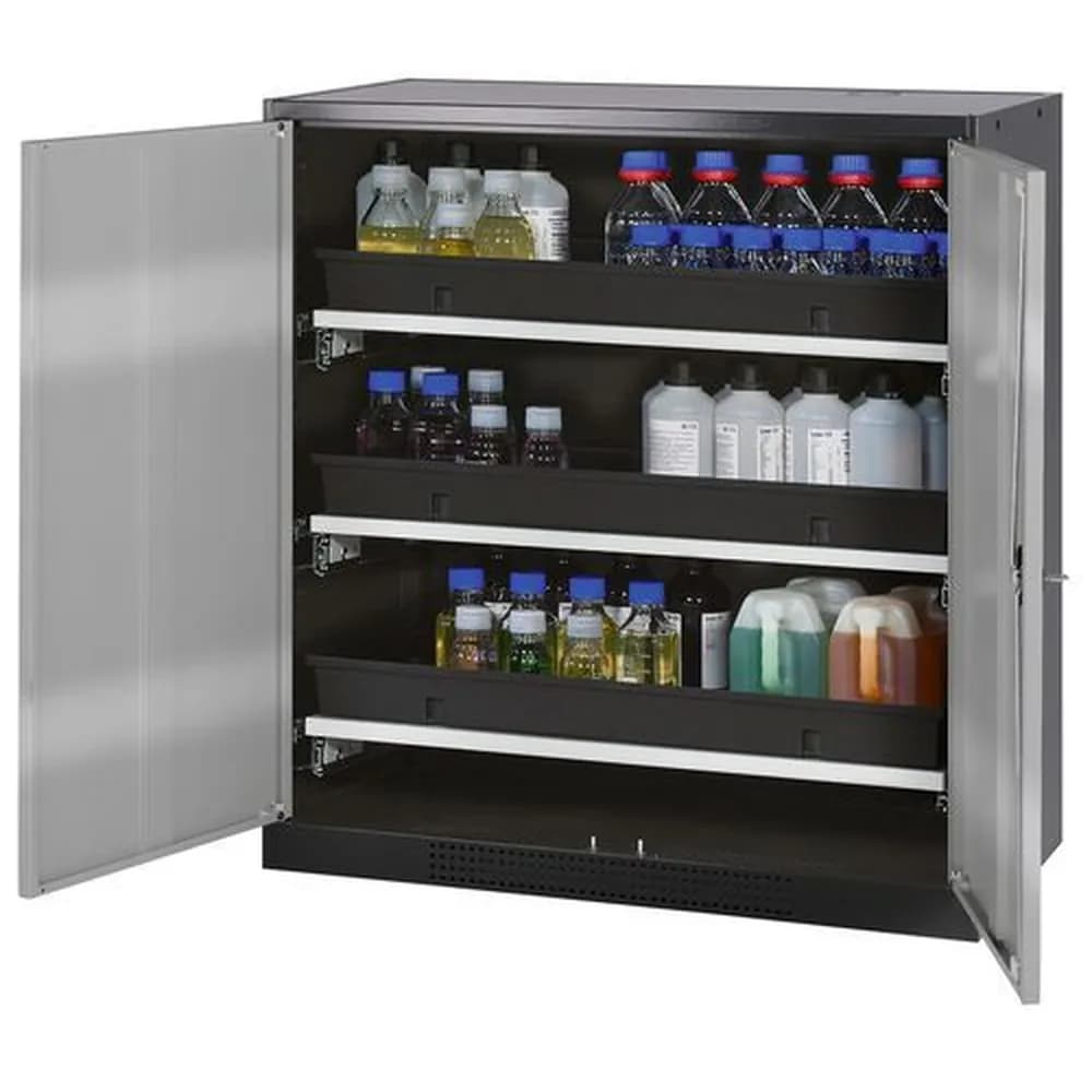asecos® - asecos Chemikalienschrank Systema-T CS-103, Korpus anthrazit, Flügeltüren silber, 3 Tablarauszüge