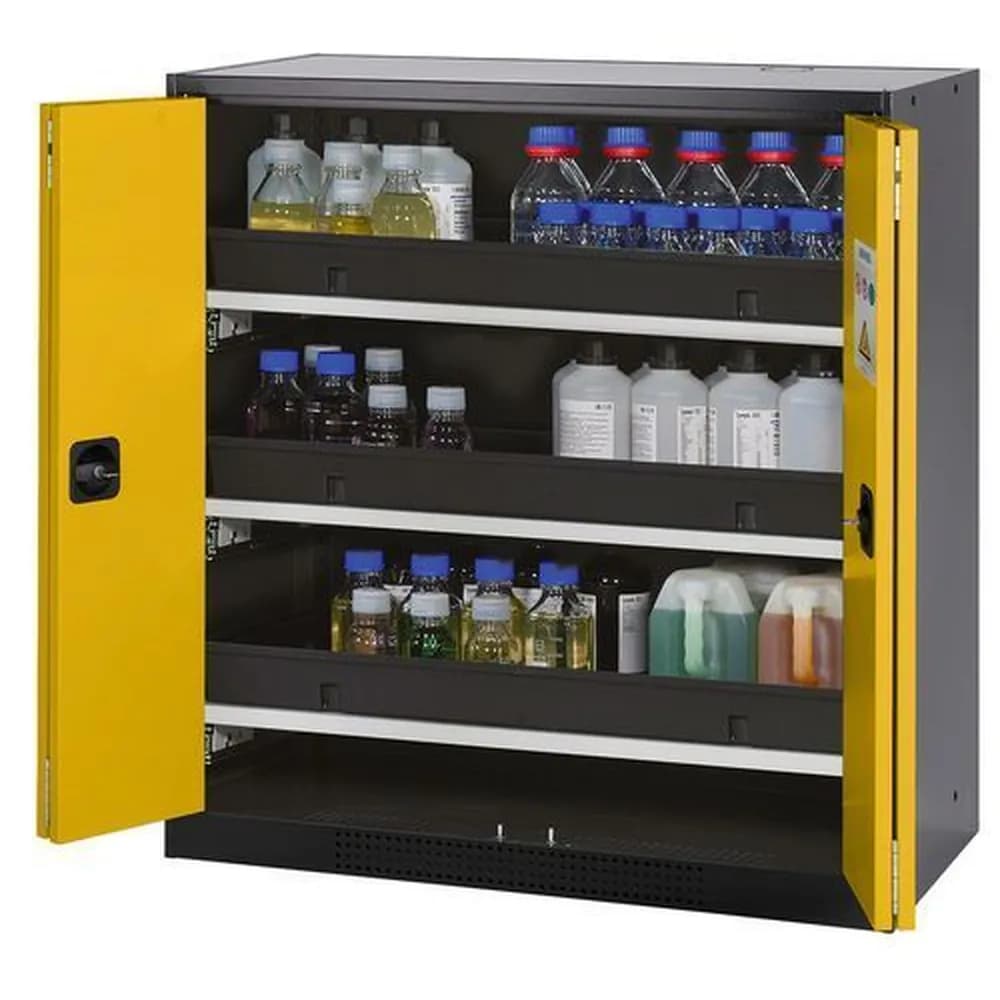 asecos® - asecos Chemikalienschrank Systema-T CS-103F, Korpus anthrazit, Falttüren gelb, 3 Tablarauszüge